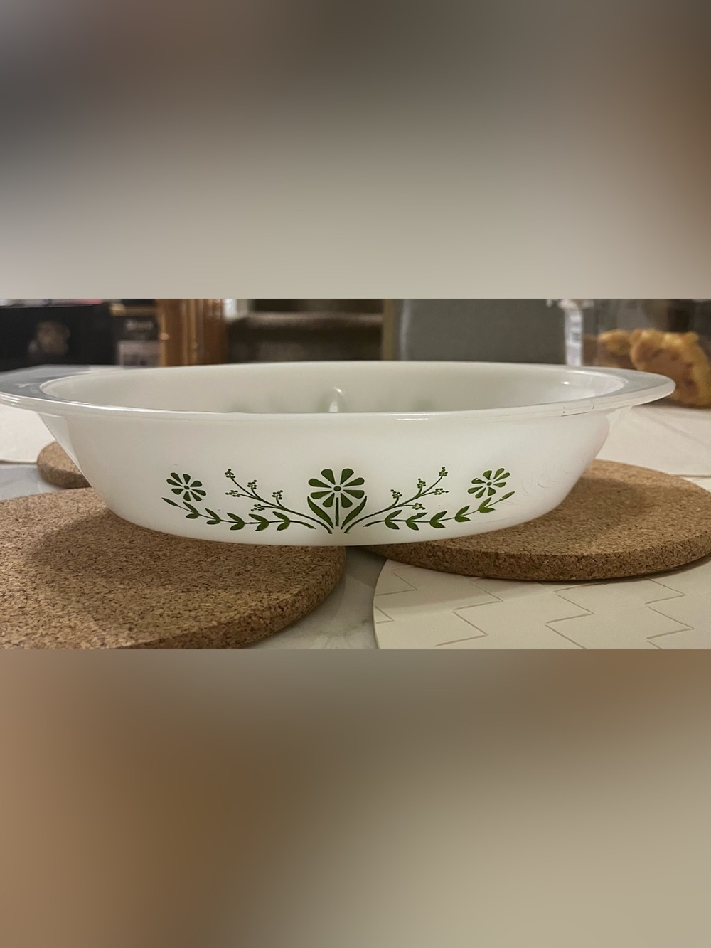 Vintage Glasbake milkglass Bakeware Dish with Green daisy Floral Pattern